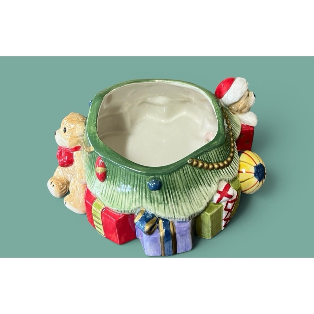 Fitz & Floyd Christmas Ceramic Candy Snack Treat Bowl Santa Dog Teddy Bear VTG